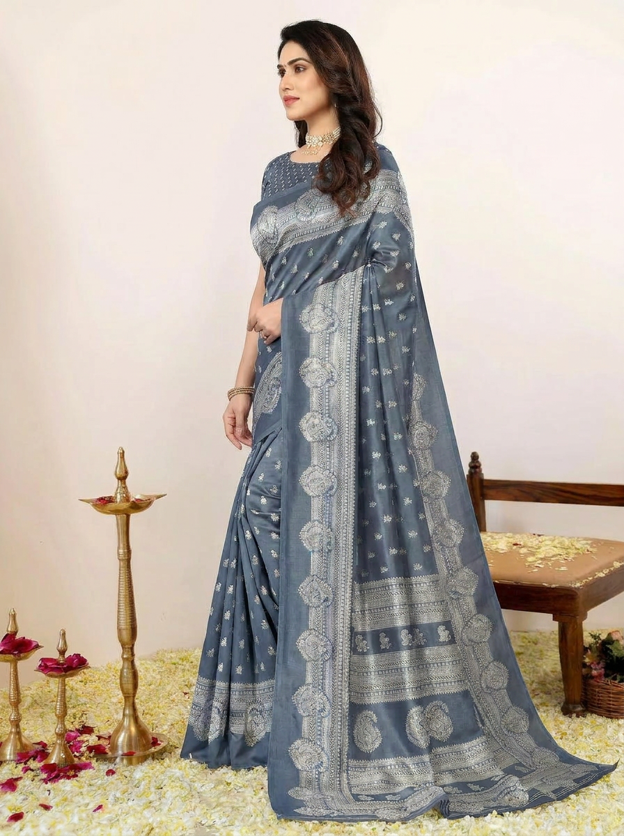 Art Silk Traditional Grey and Off-White Saree