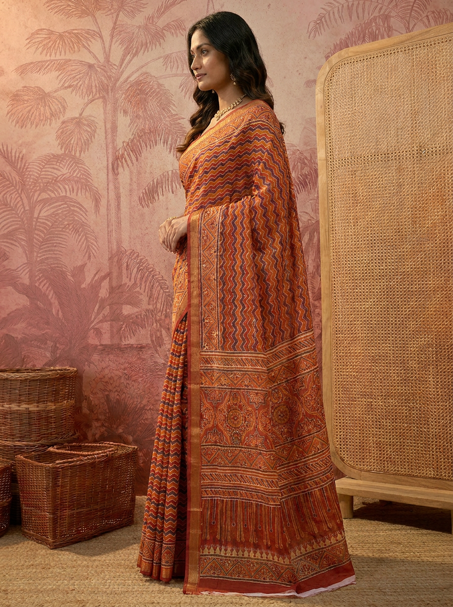 Pure Cotton Orange Geometric Pattern Printed Saree - 03 side