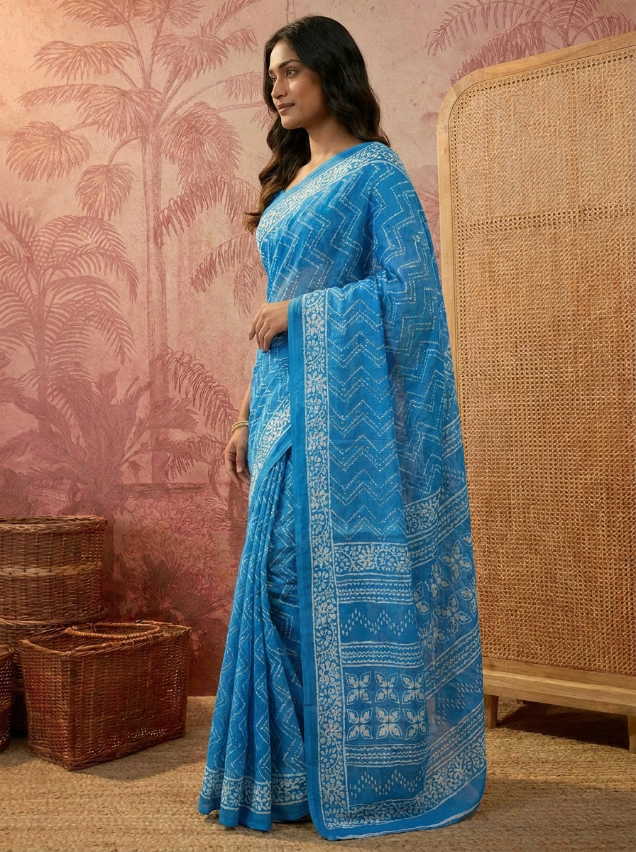 Elegant Pure Cotton Blue Printed Saree with White Ethnic Design - 03 side