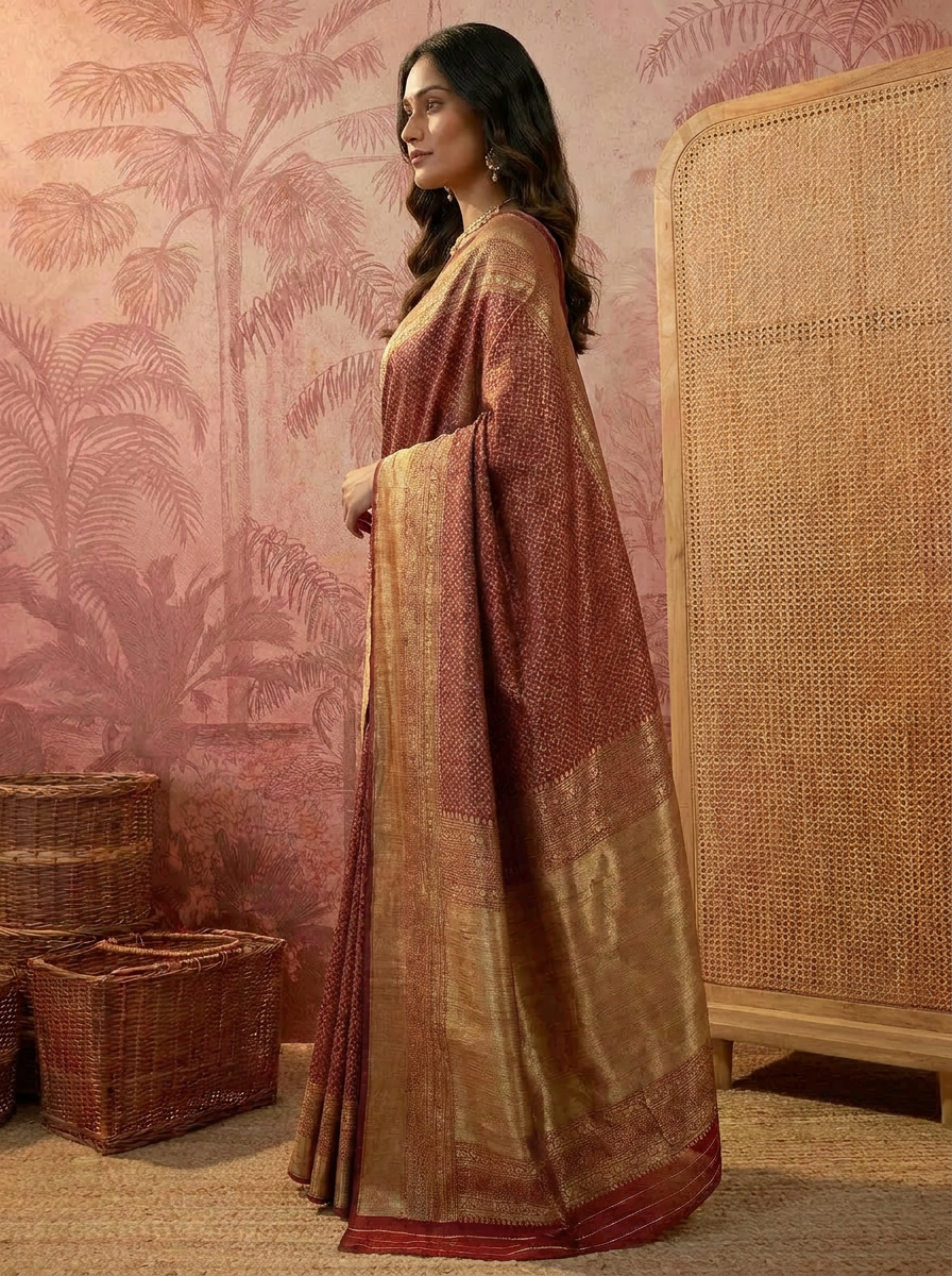 Elegant Maroon Banarasi Style Zari Woven Saree with Rich Golden Pallu Ã¢â‚¬â€œ Wedding & Festive Wear - 03 side