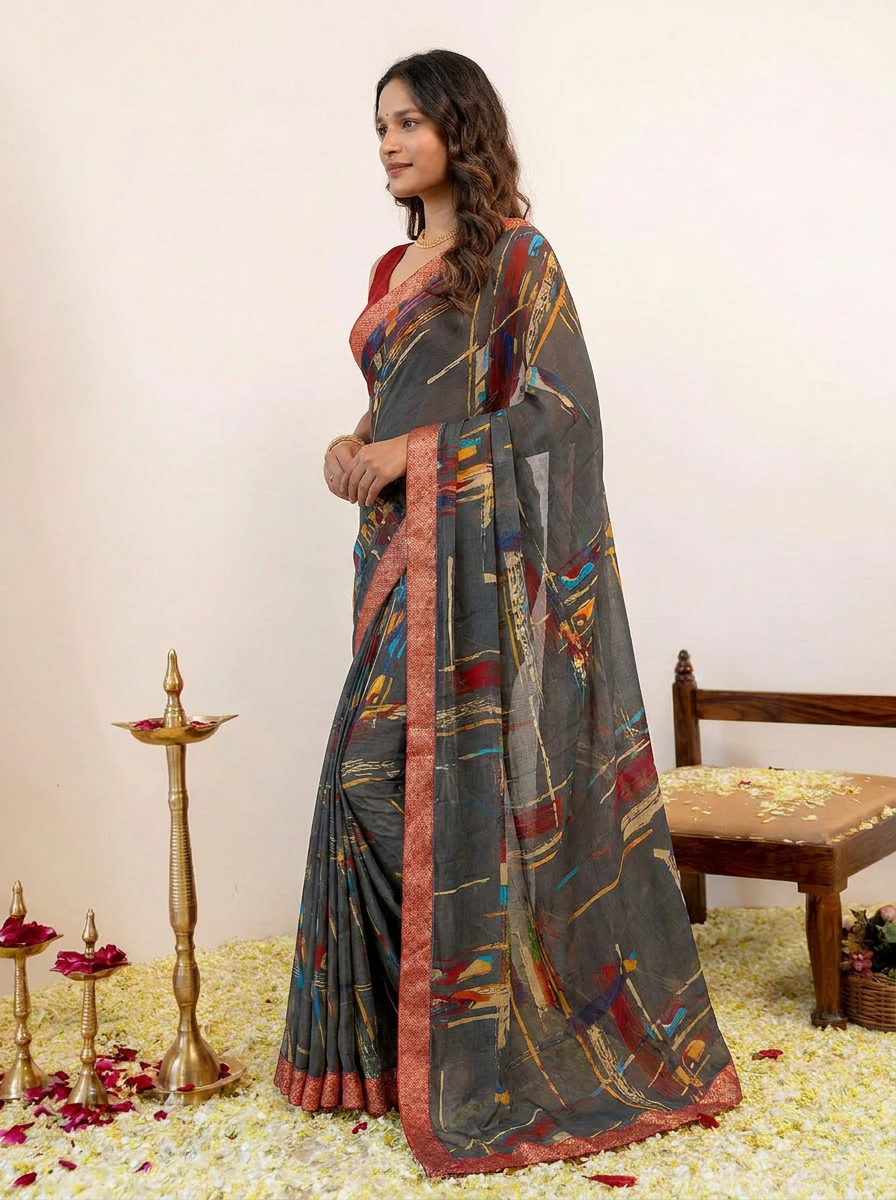 Aarohi Digital Print Chiffon Saree with Lace Border