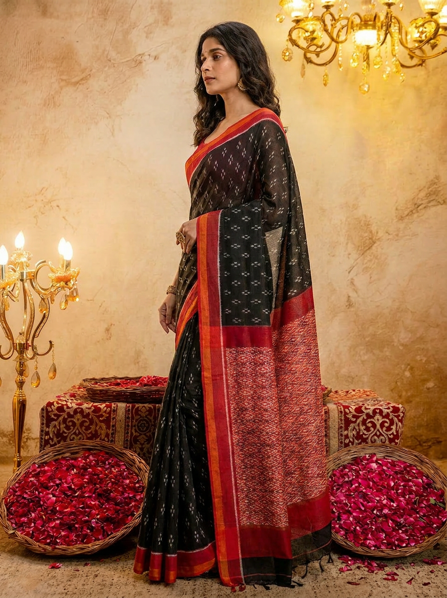 Rama green ikkat print cotton saree with blouse