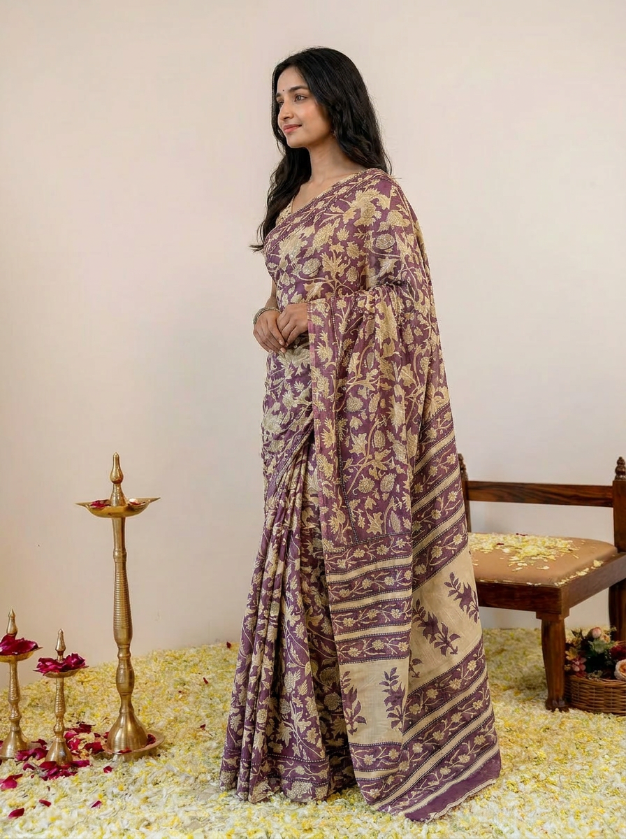 Pure Cotton Mauve Saree with Beige Floral Print & Elegant Border
