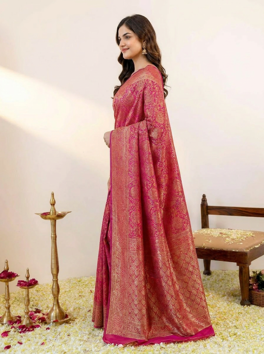 Vibrant Rani Pink Banarasi Silk Saree with Elegant Zari Weaving