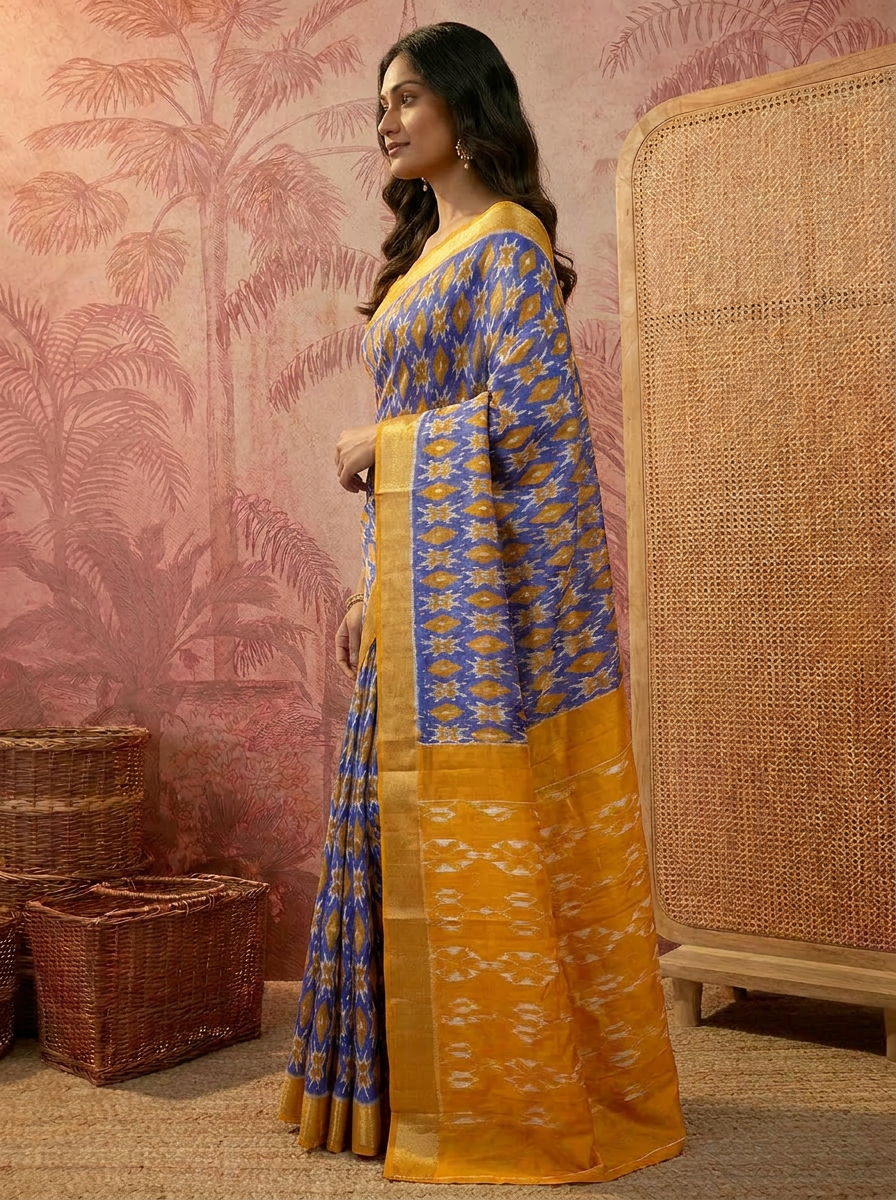 Pochampally Ikat Handloom Saree in Vibrant Orange and Blue. - 03 side