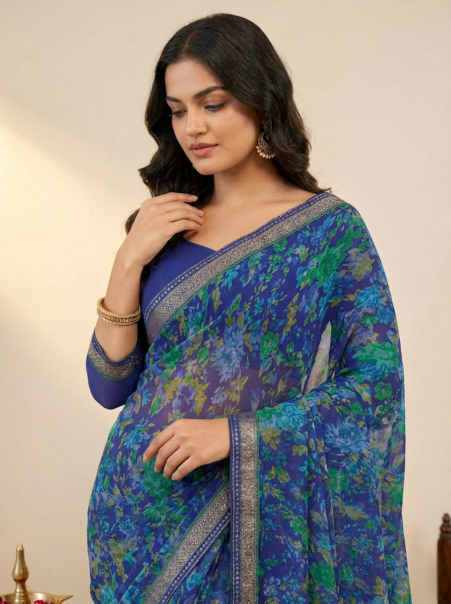Aarna Floral Printed Chiffon Saree with Lace Border