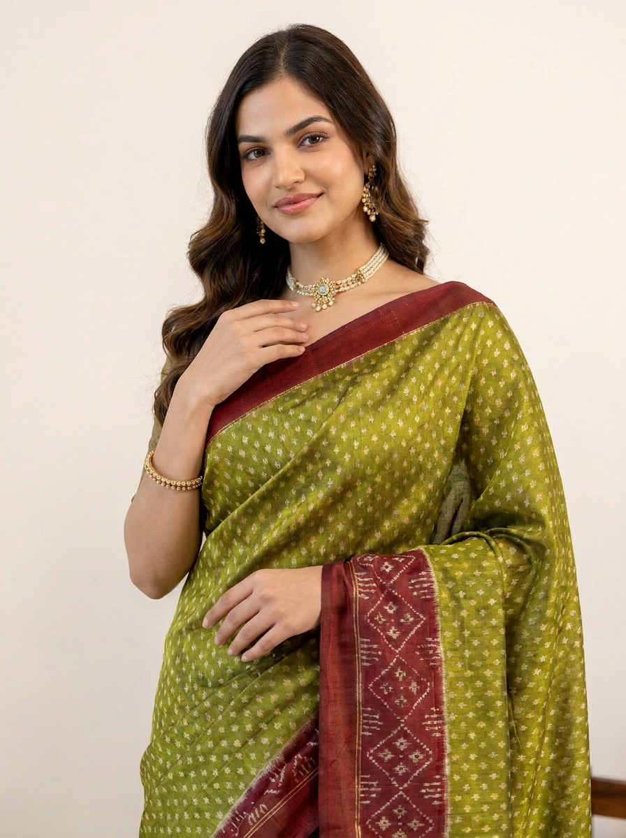 Traditional Pure Cotton Green Saree with Maroon Border & Ethnic Print - 04 upper closeup