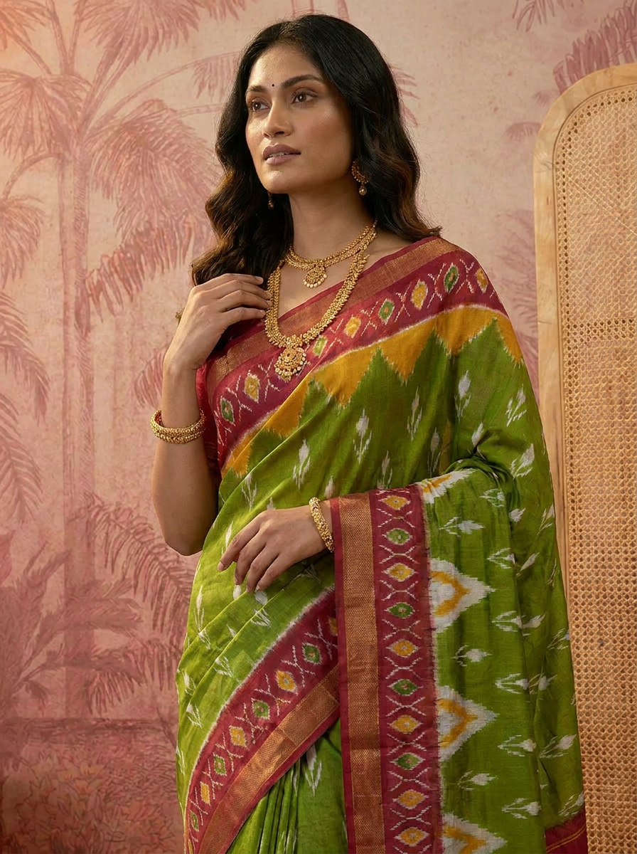 Elegant Pure Cotton Green & Magenta Printed Saree with Contrast Border - 04 upper closeup