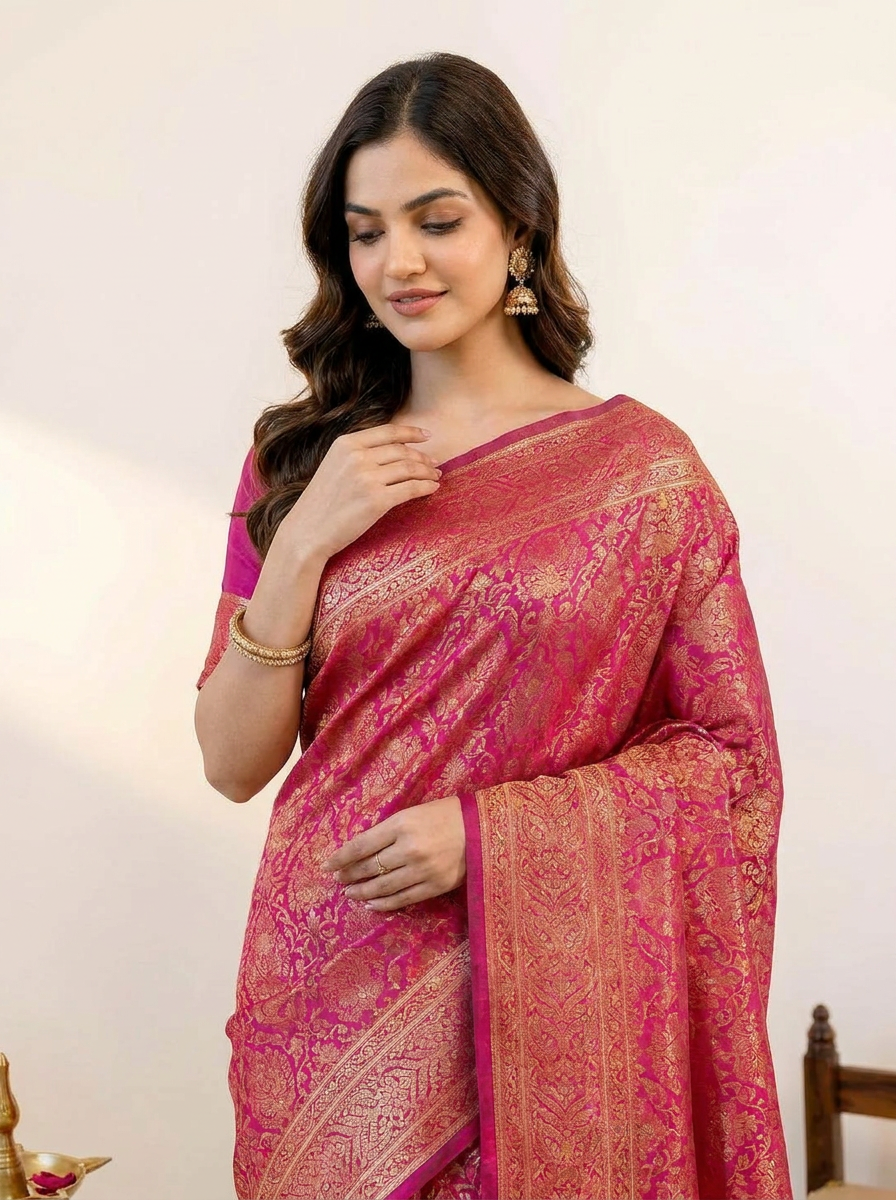 Vibrant Rani Pink Banarasi Silk Saree with Elegant Zari Weaving