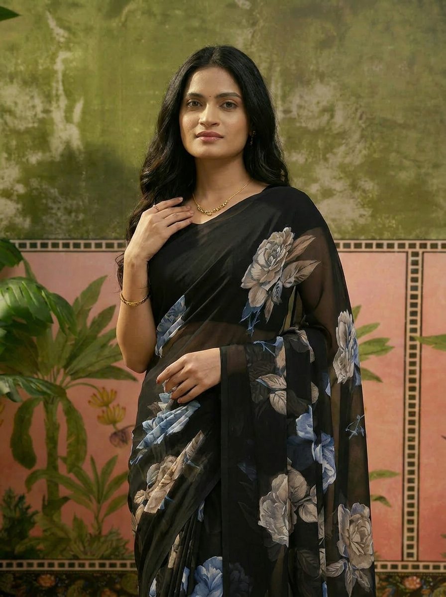 Elegant Black Floral Printed Chiffon Saree with Flower Design – Stylish Party & Casual Wear - 04 upper closeup (1)