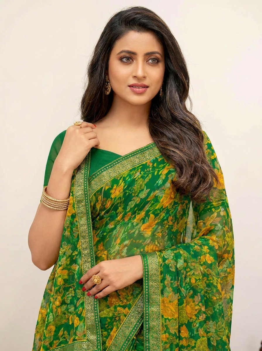 Aarna Floral Printed Chiffon Saree with Lace Border