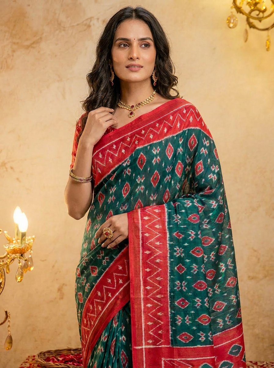 Rama green ikkat print cotton saree with blouse