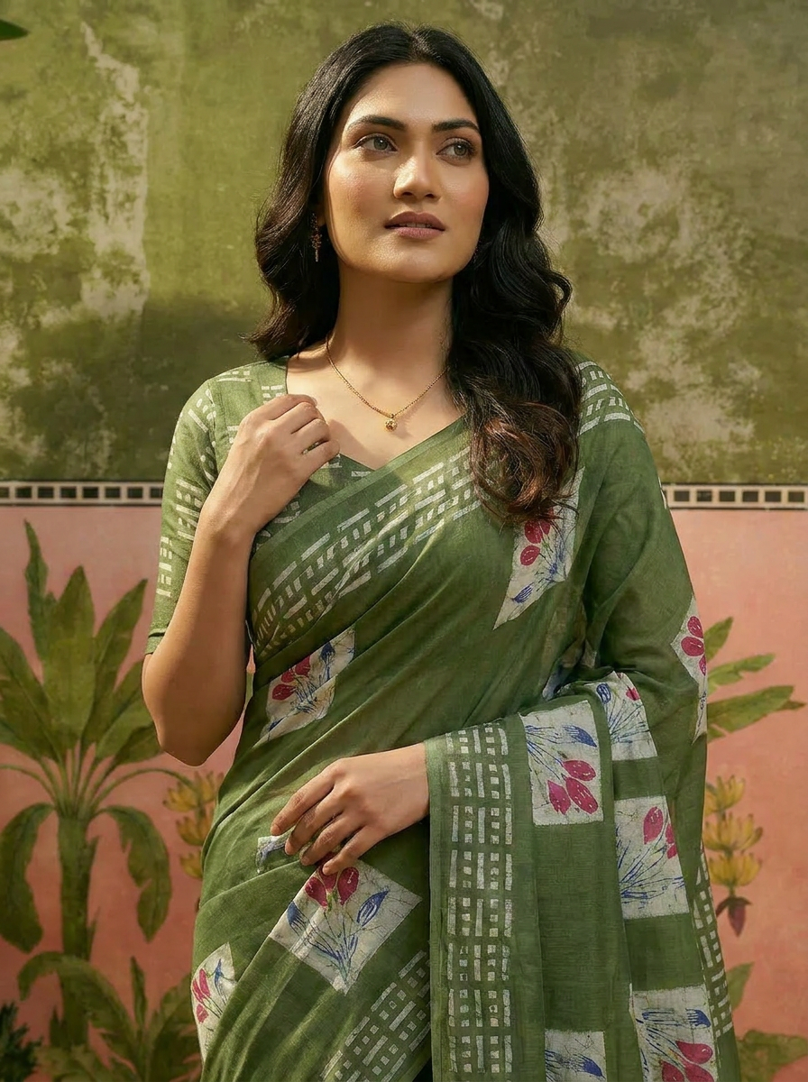 Olive Green Batik Printed Mulmul Cotton Saree - 04 upper closeup (1)