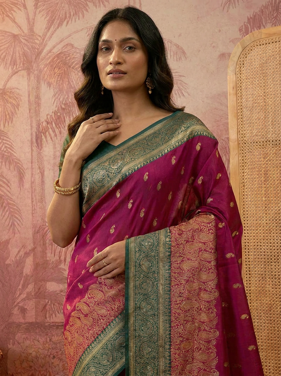 Elegant Rani Pink Banarasi Style Zari Woven Saree with Rich Golden Designer Pallu – Wedding & Festive Wear