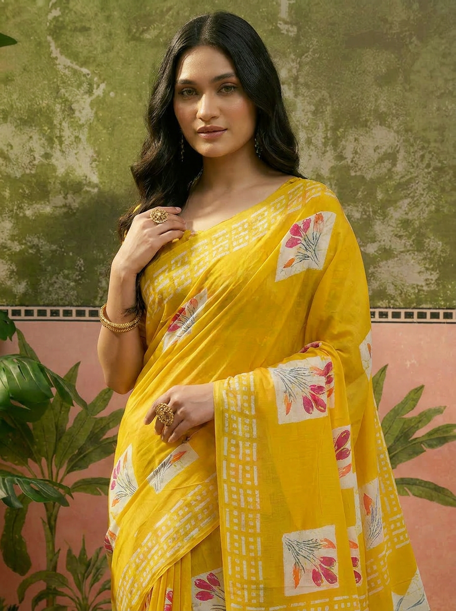 Olive Green Batik Printed Mulmul Cotton Saree - 04 upper closeup (1)