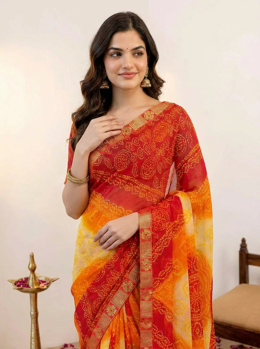 Bandhej Tassel Chiffon Saree - 04 upper closeup (1)