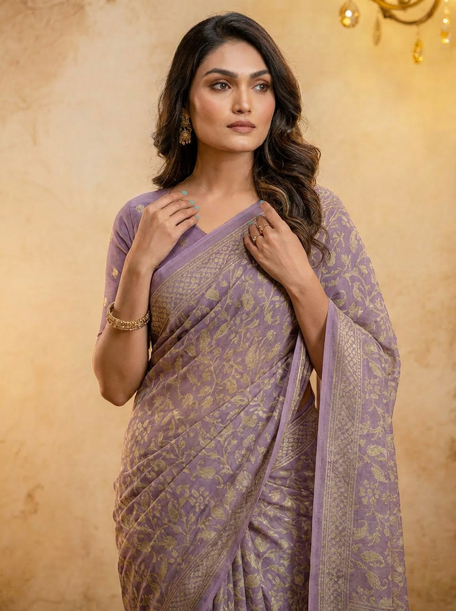 Sea Blue Cotten Saree with Golden Paisley Prints - 04 upper closeup (1)