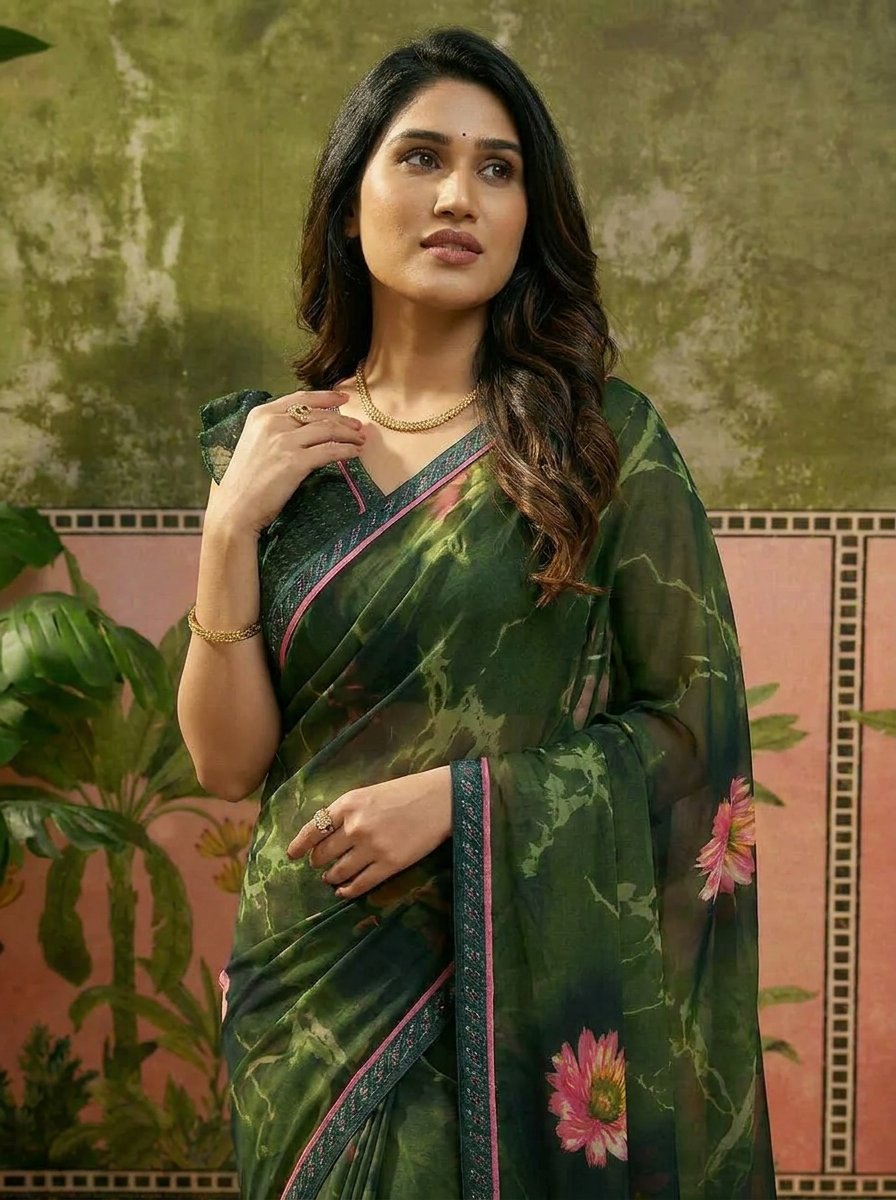 Elegant Olive Brown Floral Printed Saree with Pink Flower Design – Stylish Party & Casual Wear - 04 upper closeup (1)