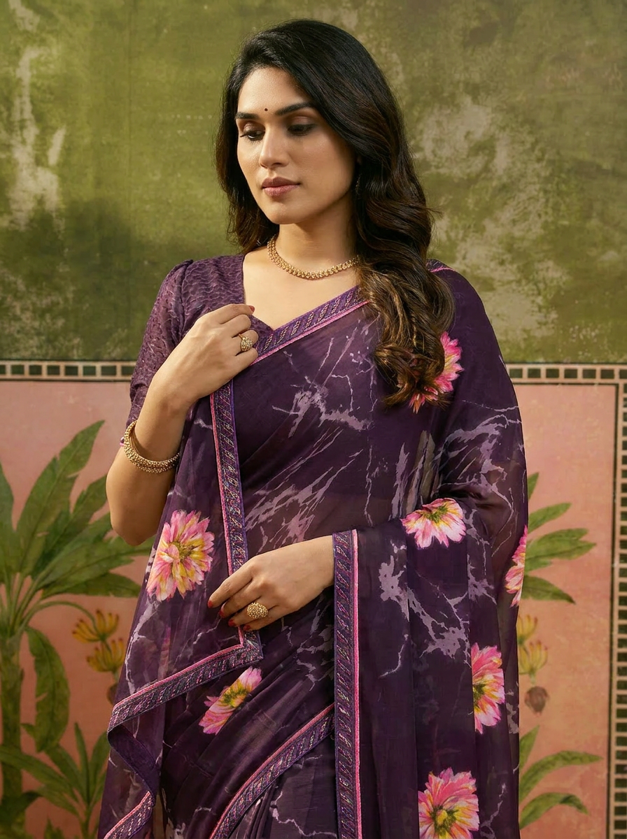 Elegant Olive Brown Floral Printed Saree with Pink Flower Design – Stylish Party & Casual Wear - 04 upper closeup (1)