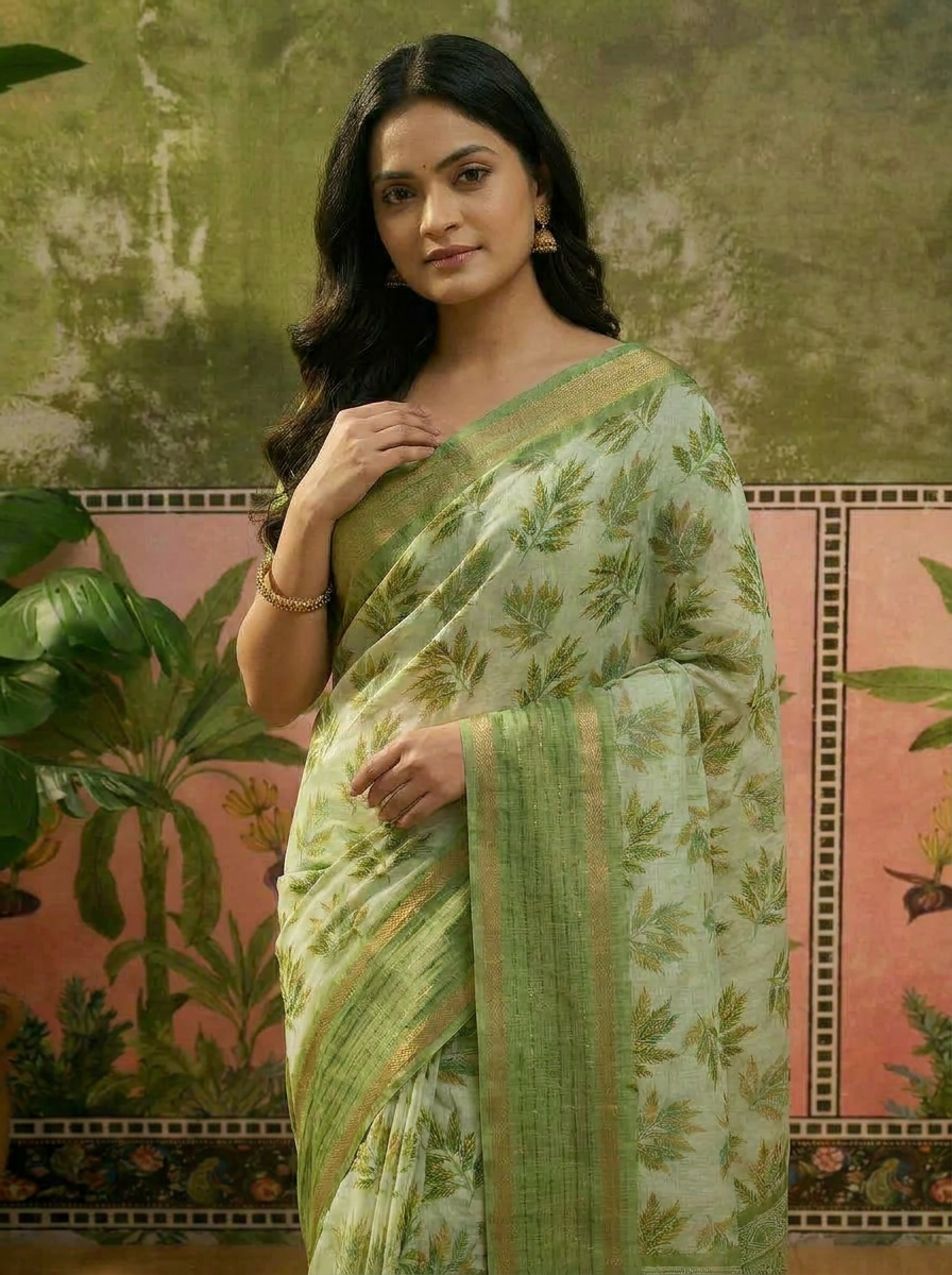 Vriksha Floral Leaf Chanderi Saree - 04 upper closeup (1)