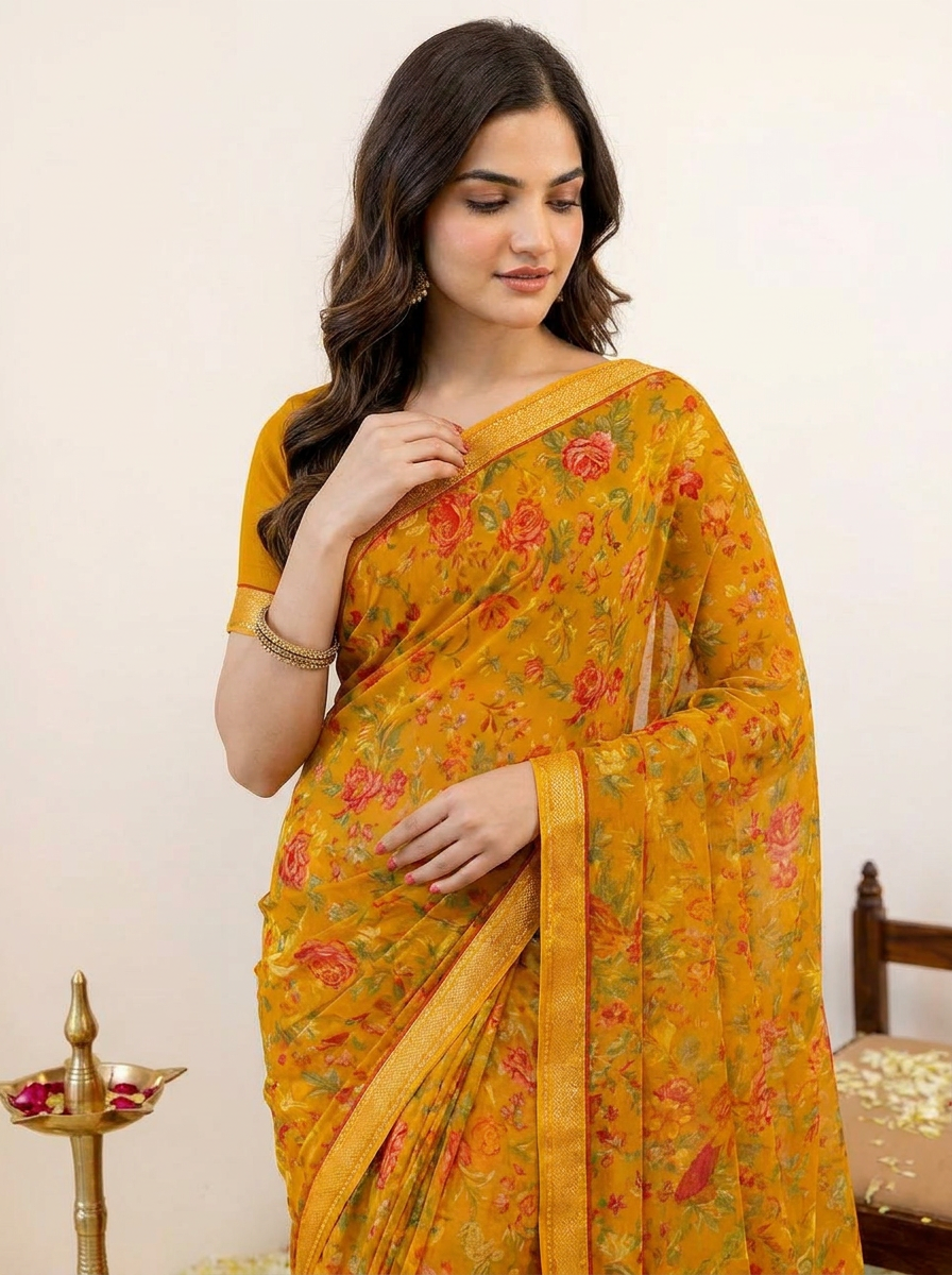 Aarna Floral Printed Chiffon Saree with Lace Border - 04 upper closeup (1)