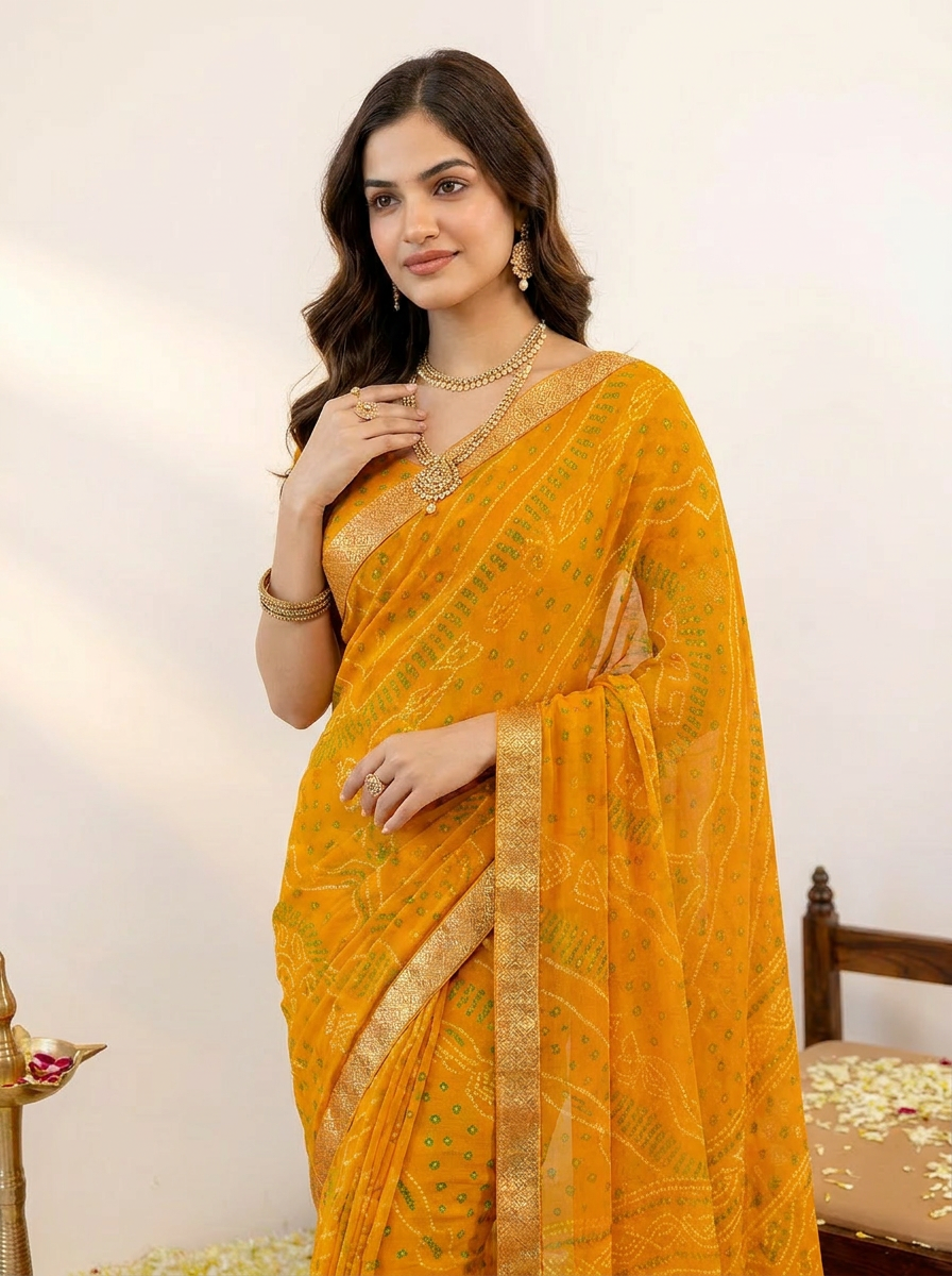 Ishani Bandhani Printed Chiffon Saree with Lace Border - 04 upper closeup (1)
