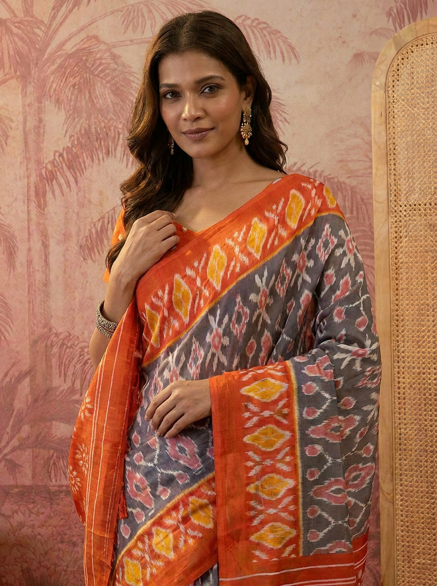 Pochampally Ikat Handloom Saree in Vibrant Orange and Blue.