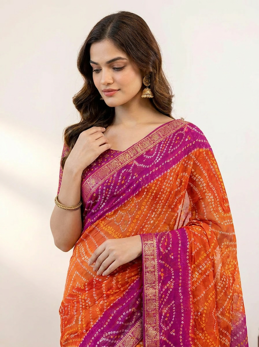 Rangriti Bandhani Chiffon Saree with Lace Border - 04 upper closeup (1)