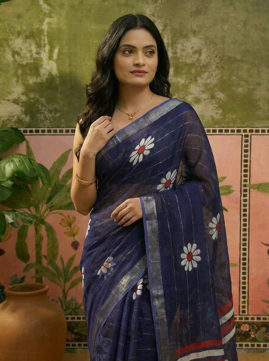 Aarohi Silk Blend Floral Saree with Woven Jari Work - 04 upper closeup (1)