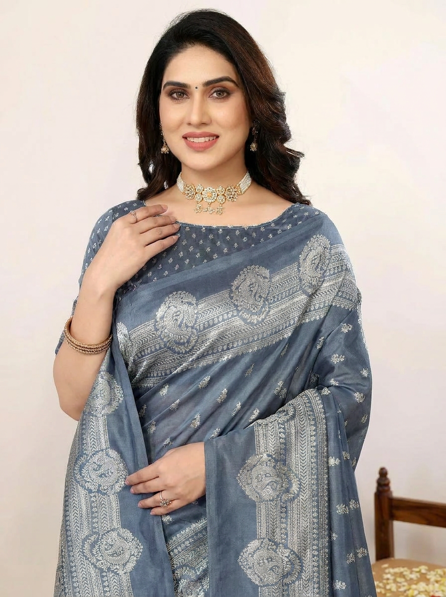 Art Silk Traditional Grey and Off-White Saree