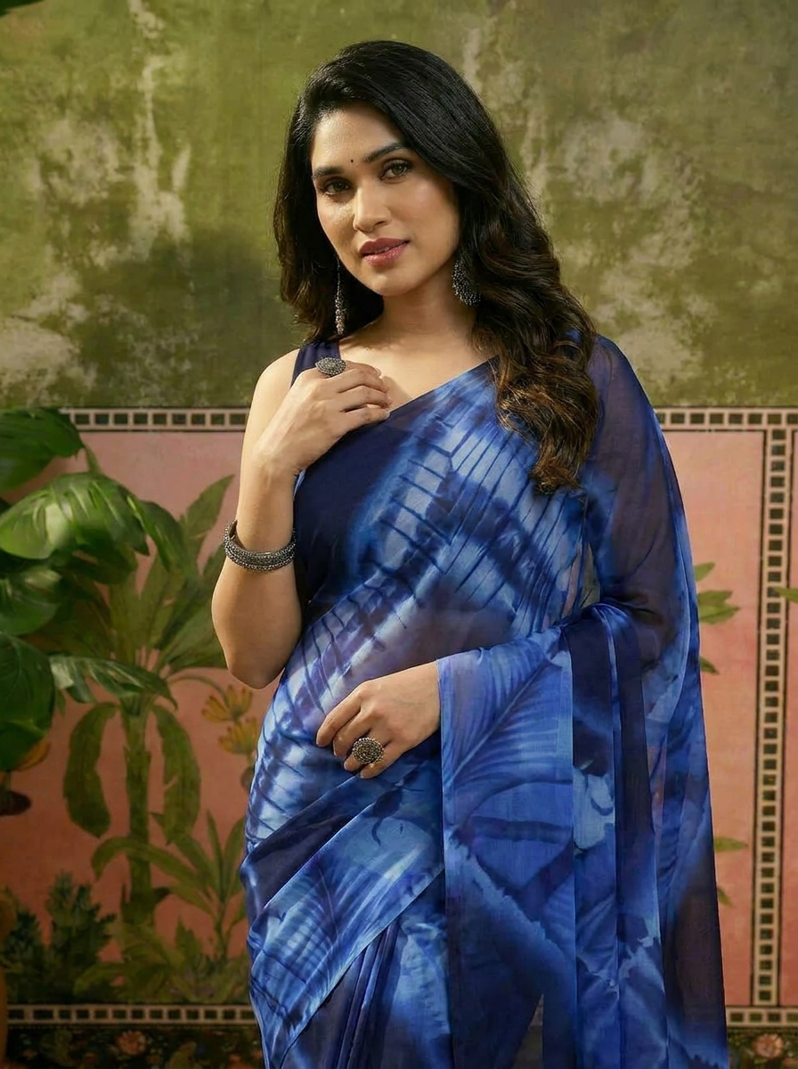 Elegant Royal Blue Tie-Dye Printed Saree Ã¢â‚¬â€œ Stylish Party & Casual Wear - 04 upper closeup