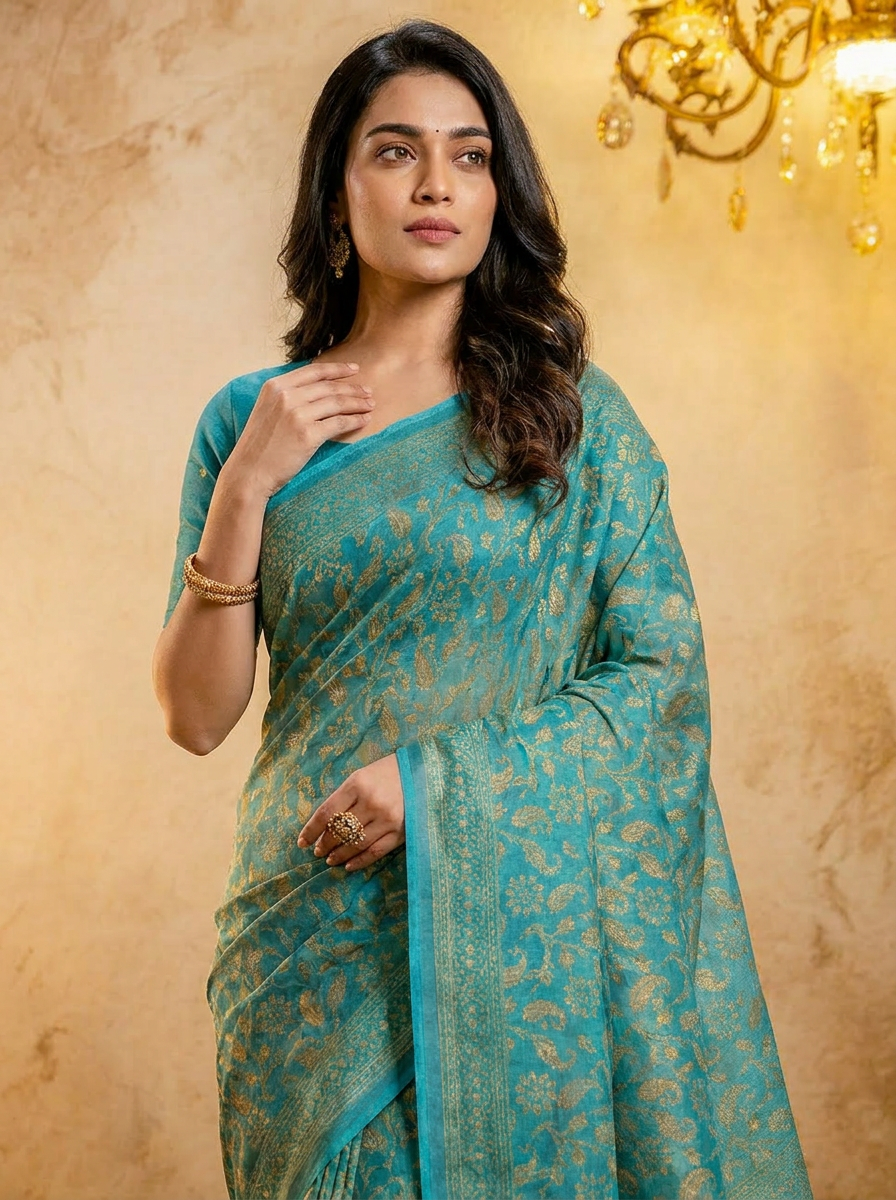Sea Blue Cotten Saree with Golden Paisley Prints - 04 upper closeup (2)
