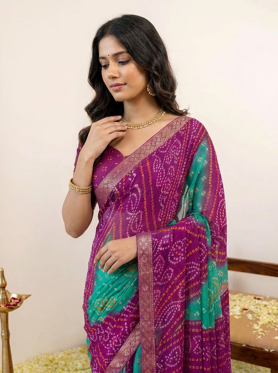 Rangriti Bandhani Chiffon Saree with Lace Border - 04 upper closeup (2)