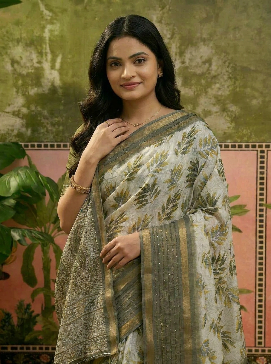 Vriksha Floral Leaf Chanderi Saree - 04 upper closeup (2)