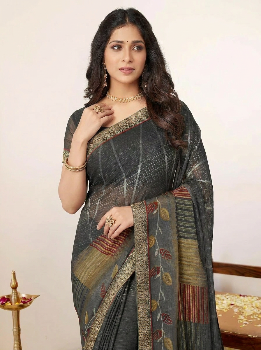 Aarohi Digital Print Chiffon Saree with Lace Border - 04 upper closeup (2)
