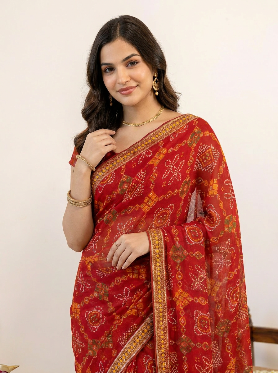 Ishani Bandhani Printed Chiffon Saree with Lace Border - 04 upper closeup (2)