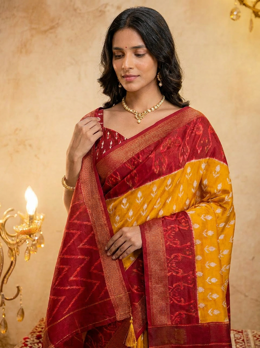 Rama green ikkat print cotton saree with blouse
