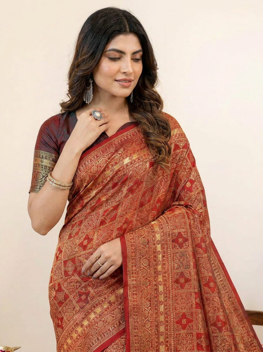 Elegant Red Banarasi Silk Saree with Rich Zari Weaving - 04 upper closeup (2)