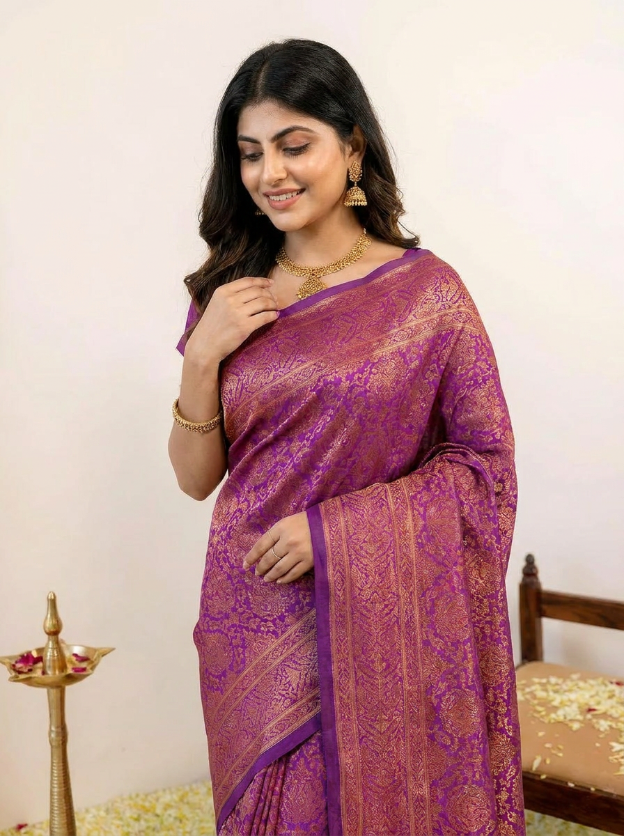 Vibrant Rani Pink Banarasi Silk Saree with Elegant Zari Weaving - 04 upper closeup (2)