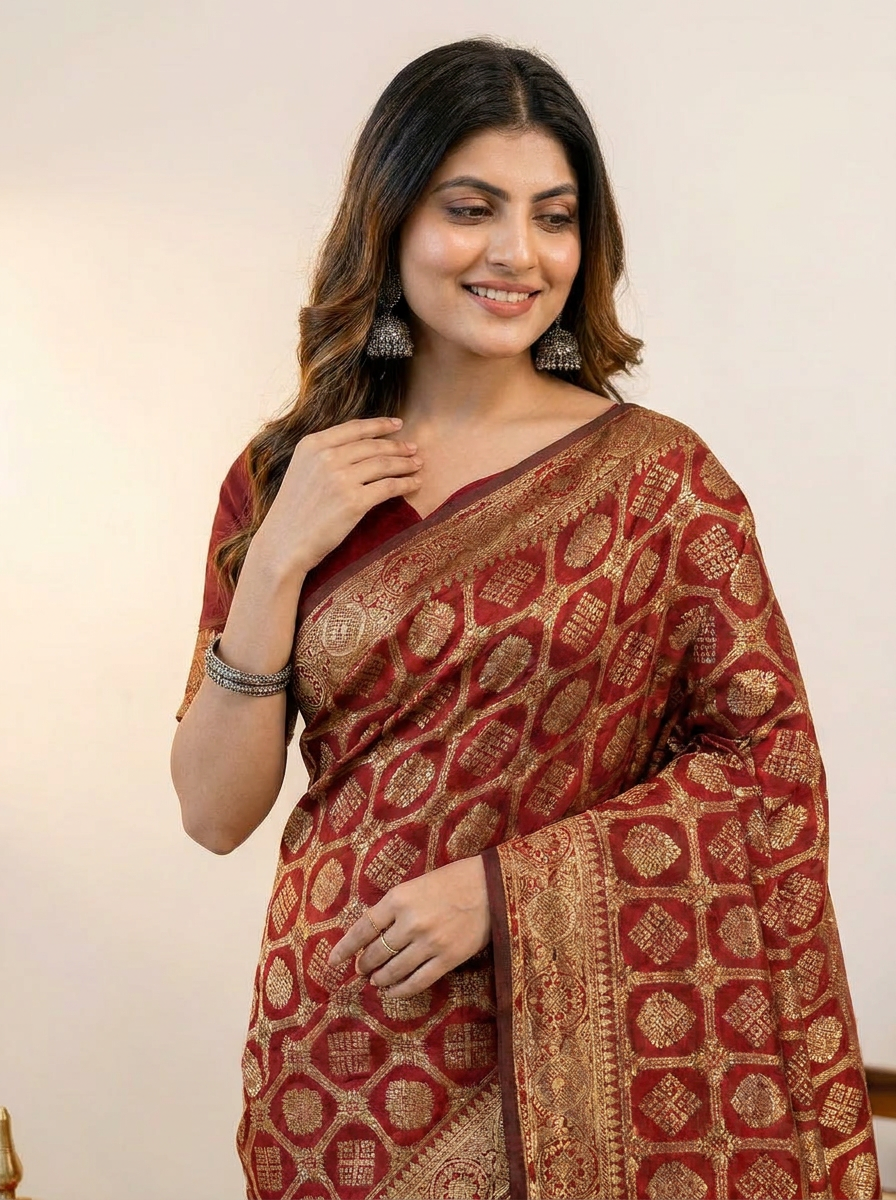 Royal Maroon Banarasi Silk Saree with Intricate Golden Zari Work - 04 upper closeup (2)