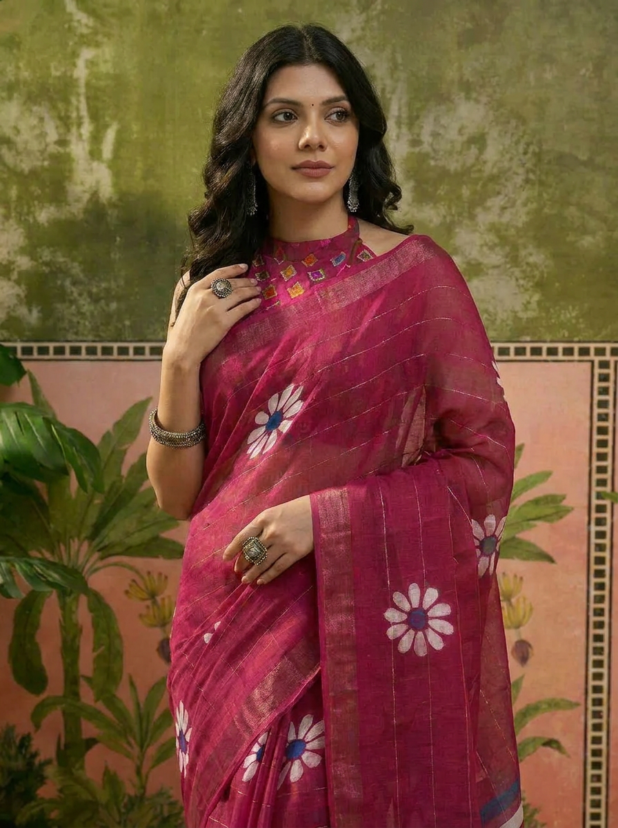 Aarohi Silk Blend Floral Saree with Woven Jari Work - 04 upper closeup (2)