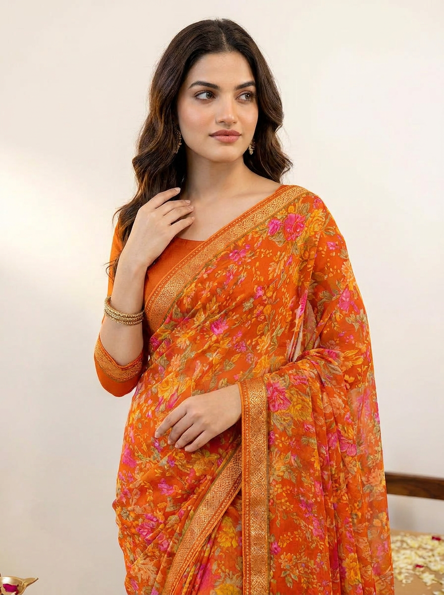 Aarna Floral Printed Chiffon Saree with Lace Border - 04 upper closeup (2)