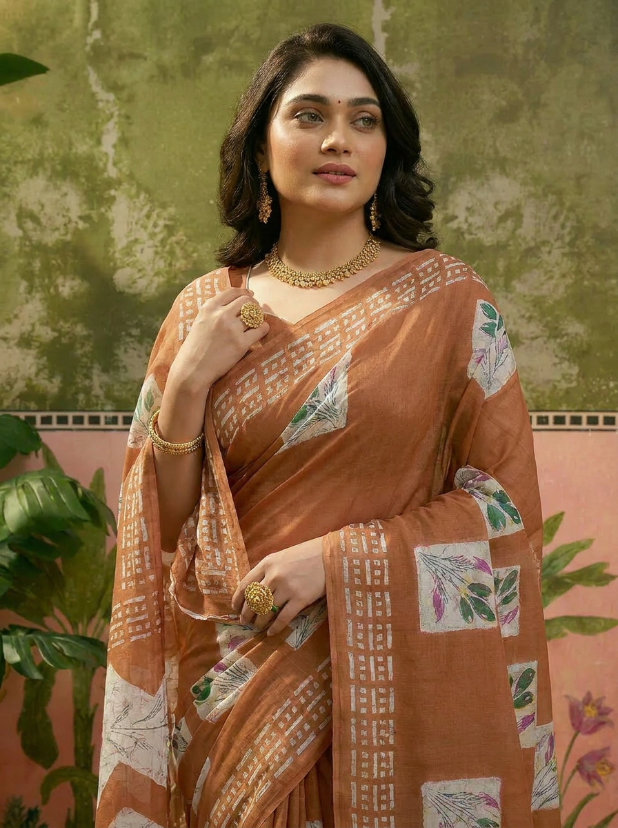 Olive Green Batik Printed Mulmul Cotton Saree - 04 upper closeup