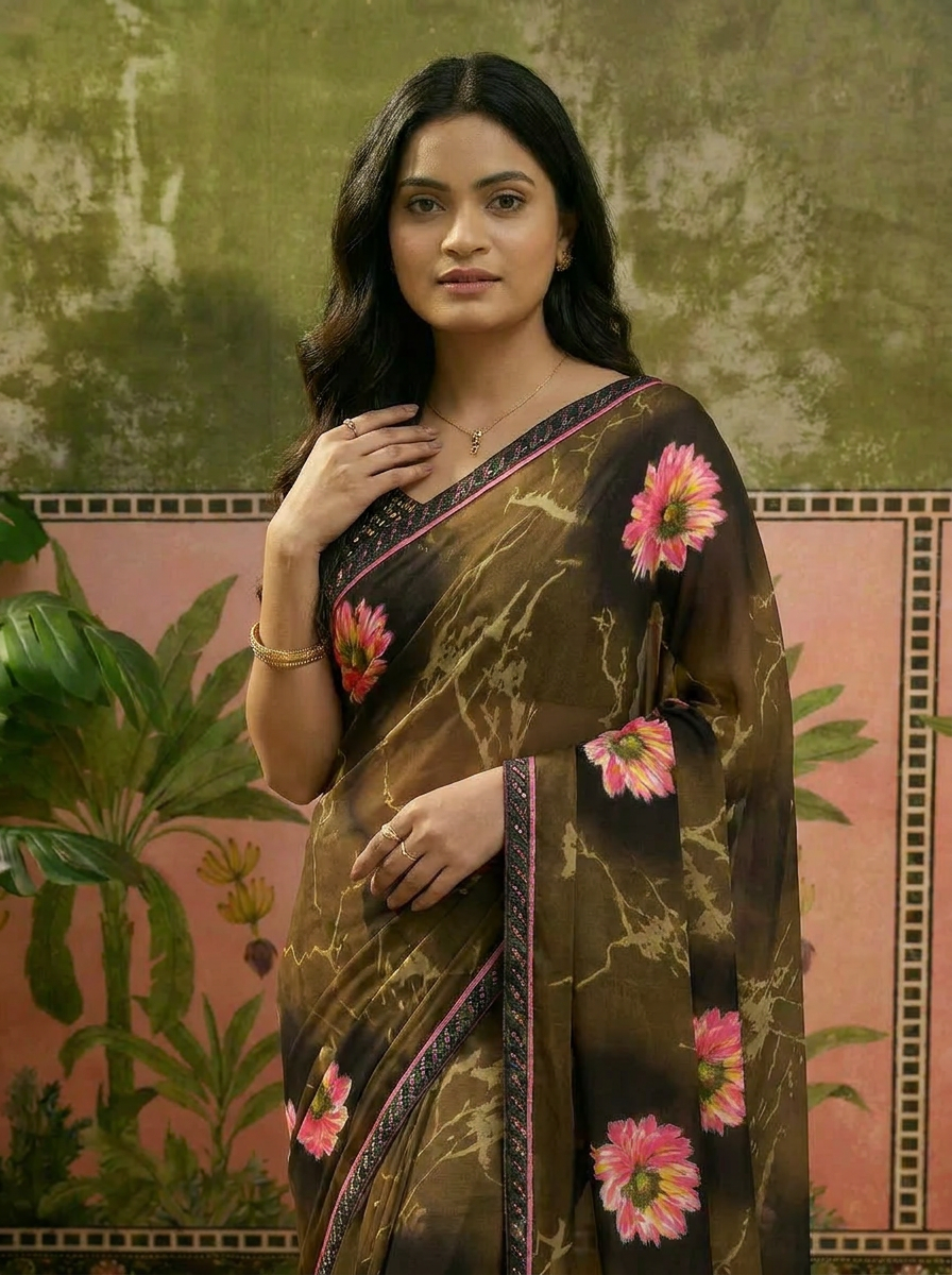 Elegant Olive Brown Floral Printed Saree with Pink Flower Design Ã¢â‚¬â€œ Stylish Party & Casual Wear - 04 upper closeup