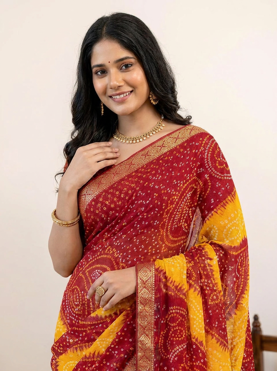 Rangriti Bandhani Chiffon Saree with Lace Border - 04 upper closeup (3)