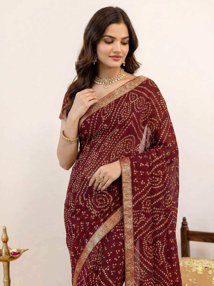 Ishani Bandhani Printed Chiffon Saree with Lace Border - 04 upper closeup (3)