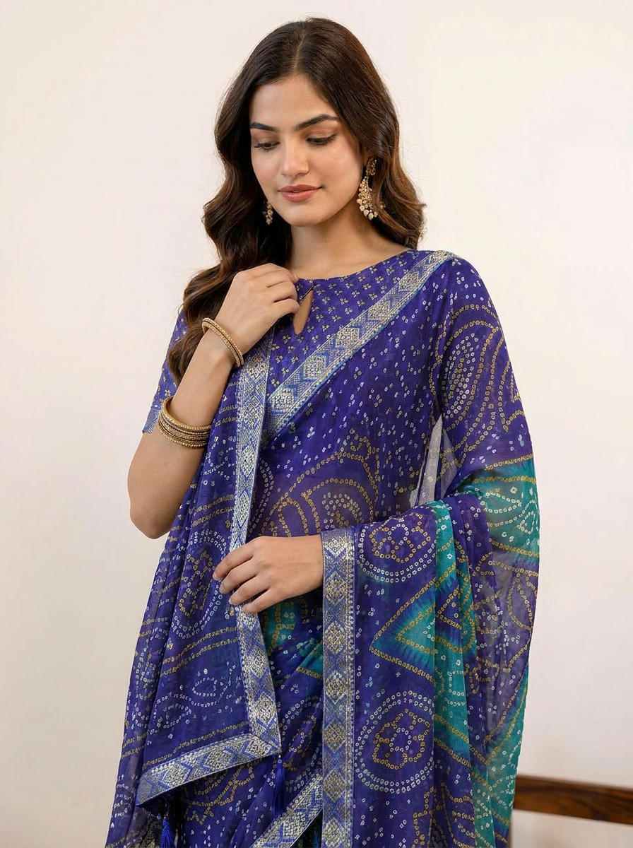 Rangriti Bandhani Chiffon Saree with Lace Border - 04 upper closeup (3)