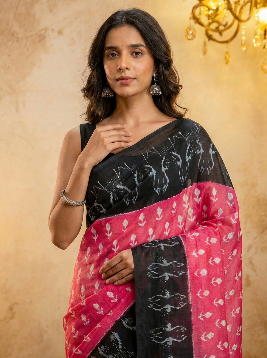 Rama green ikkat print cotton saree with blouse