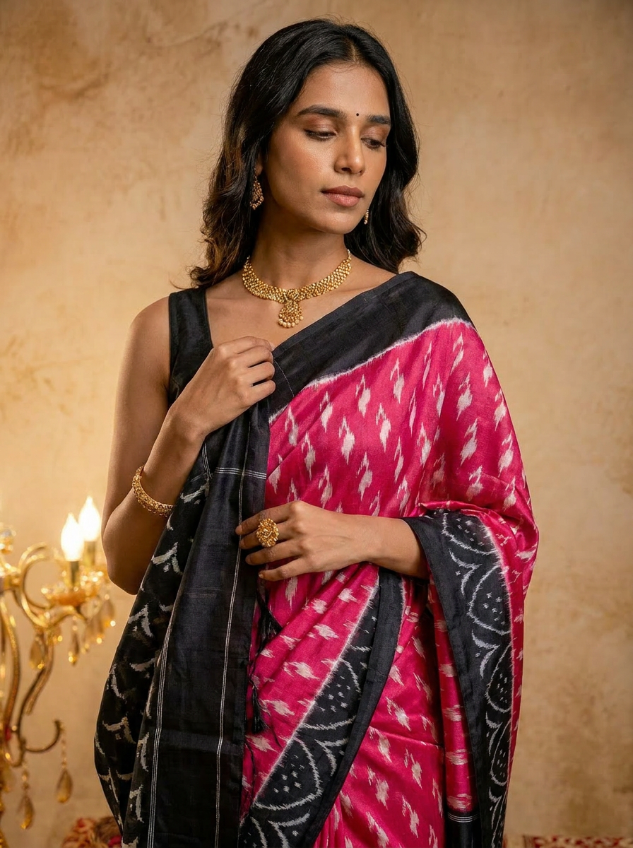 Rama green ikkat print cotton saree with blouse
