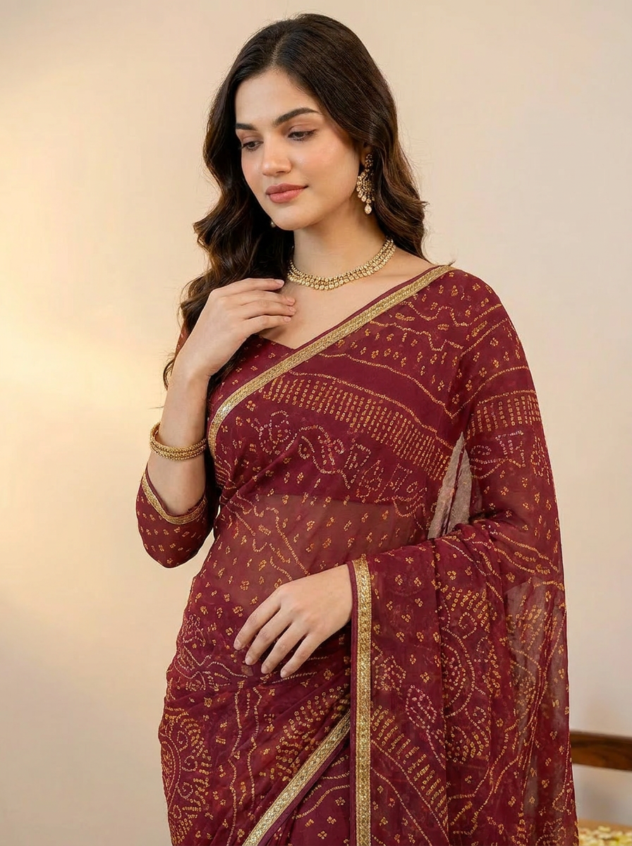 Ishani Bandhani Printed Chiffon Saree with Lace Border - 04 upper closeup (4)